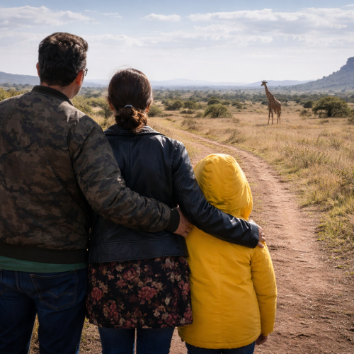 Family observing giraffe in savannah